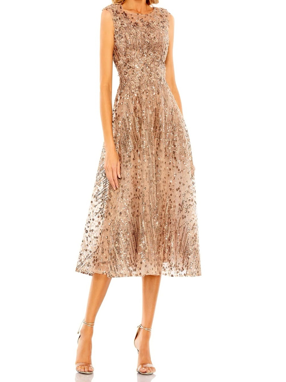 Mac Duggal Bronze Embellished A-Line Midi Cocktail Dress Beaded Sequins NWT 14